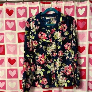 Liz Claiborne Navy Floral Bomber Jacket with Pink & Green Accents Size XL